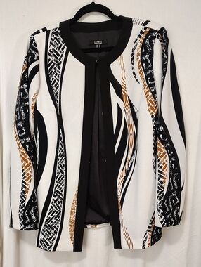 dennis basso Black, White & Brown Abstract Open-Front Jacket
